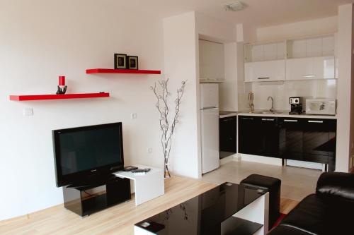 a living room with a flat screen tv and a couch at Venice Apartments in Sofia