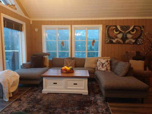 a living room with a couch and a table with candles at Libehi Panorama in Lona