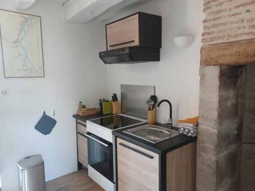 eine kleine Küche mit einer Spüle und einem Herd in der Unterkunft Domaine l'Esprit d'Antan in Villeneuve-sur-Lot