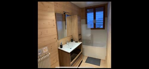 uma casa de banho com um lavatório branco e uma janela em LA PERLE DES CAILLOUX EXCEPTIONNEL et COSY em Font Romeu Odeillo Via