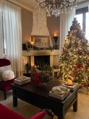 a living room with a christmas tree in front of a fireplace at Il Pioppo Antico in Viggiù