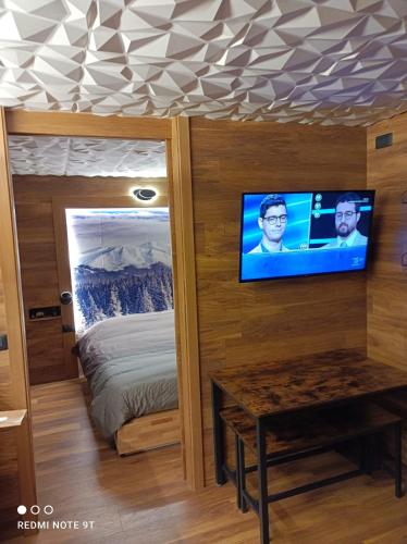 a bedroom with a bed and a tv on a wall at ROYAL SUITE TOTTO'NETTA 504 in Passo del Tonale