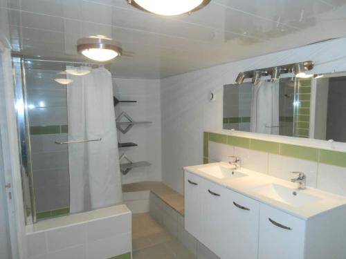 een badkamer met een douche, een wastafel en een spiegel bij Gite 3 étoiles "entre sources et rivière" Besançon in Vaire-le-Grand
