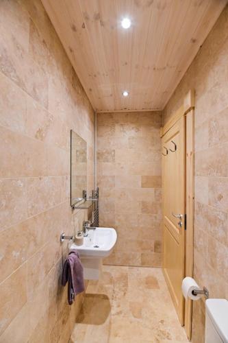 a bathroom with a sink and a mirror at Cuddfan Lodge on a Beautiful Lake in Newport