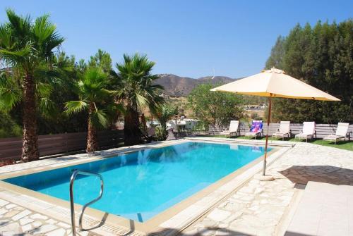 a swimming pool with an umbrella and palm trees at Unique Stonehouse Traditional Villa in Ayia Anna in Ayia Anna
