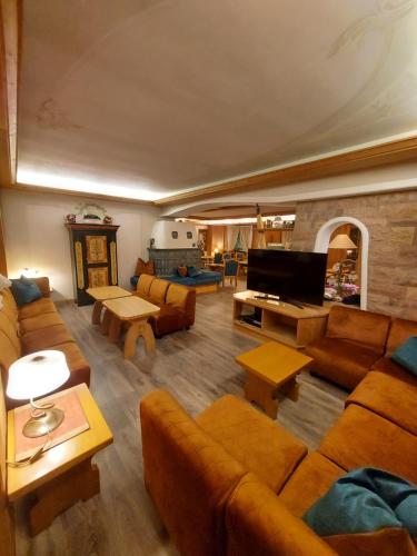 a living room with couches and a flat screen tv at Hotel Alpina in Pinzolo