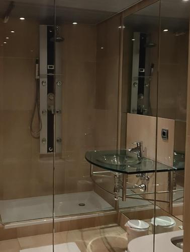 a bathroom with a glass shower and a sink at Bahia De La Plata Seafront in Estepona