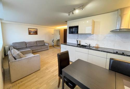 une cuisine et un salon avec un canapé et une table dans l'établissement Central Apartment, à Palanga