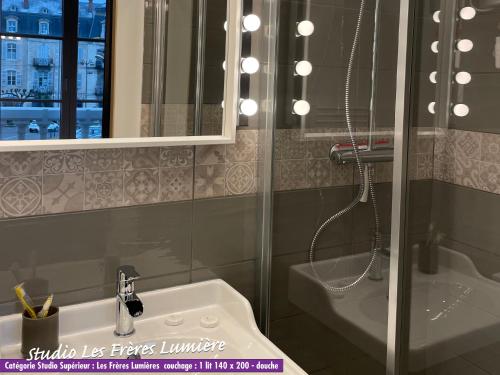 a bathroom with a shower and a sink and a mirror at Nos studios au centre ville à Dole in Dole
