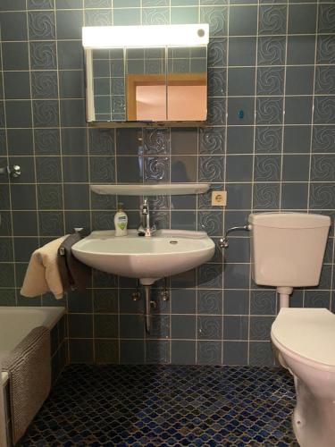 een badkamer met een wastafel, een toilet en een spiegel bij Kleine Bleibe in Kierspe