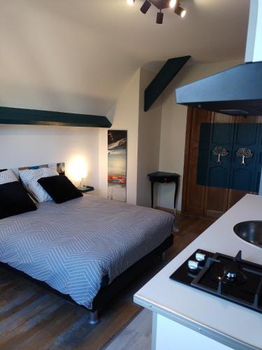 a bedroom with a bed and a kitchen with a sink at Studio et chambres d'hôtes les nuits de Gesnes in Saint-Germain-du-Corbéis