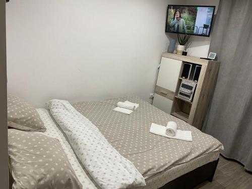 a small bedroom with a bed with a tv on it at Hidden Apartment in Miercurea-Ciuc