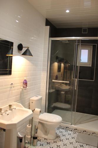 a bathroom with a shower and a toilet and a sink at Maison LC in Cramant