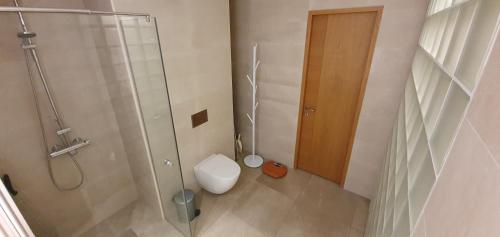 a bathroom with a shower and a toilet in it at Elly House in Haapsalu