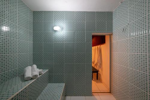 baño de azulejos verdes con ducha a ras de suelo en Pousada Chácara Das Acácias, en Paraty