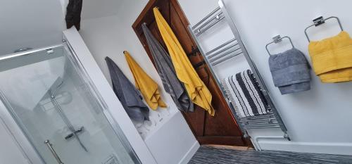 baño con ducha y puerta de cristal en Modern and spacious 2 bedroom apartment with free parking en Glyn-Ceiriog