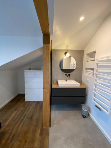a bathroom with a sink and a mirror at Villa Eckhart in Göhren