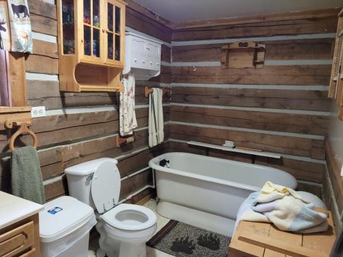 a bathroom with wooden walls and a toilet and a tub at Mountain Memories Cabin Rental in Booneville