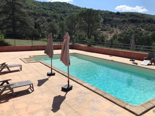 - une piscine avec parasols sur une terrasse dans l'établissement Le Cèdre de Prades 4 étoiles Logement entier Parc Naturel Haut Languedoc - Salagou, à Dio-et-Valquières