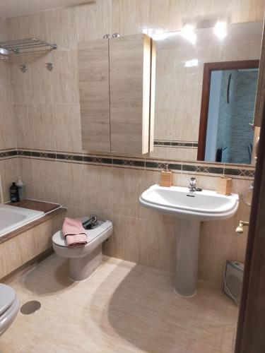 a bathroom with a sink and a toilet and a mirror at Estudio tipo Loft en el centro de Mugardos in Mugardos