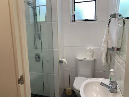 a bathroom with a shower and a toilet and a sink at Beach House Apartment 1 in Mission Beach