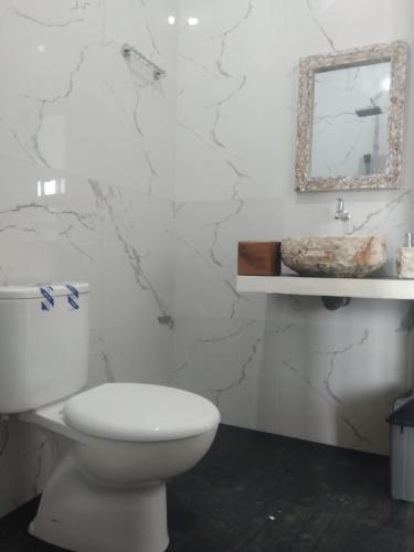 a white bathroom with a toilet and a mirror at Bali Astetic Villa and Hot Spring in Kintamani
