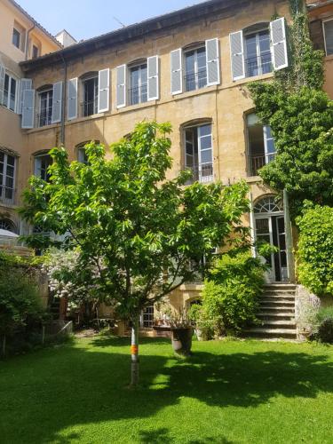un árbol en el patio de un edificio en Bed and Breakfast Jardin de Marie, en Aix-en-Provence