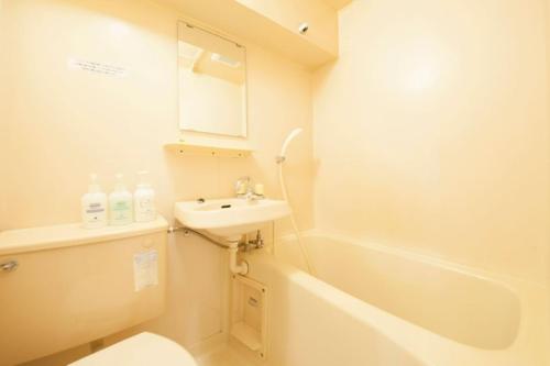 een badkamer met een wastafel, een toilet en een bad bij Monthly Mansion Tokyo West 21 - Vacation STAY 10863 in Fuchu