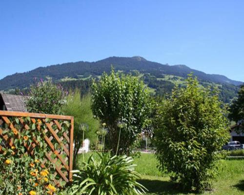 a garden with trees and a mountain in the background at Ferienwohnung Habit in Schruns-Tschagguns