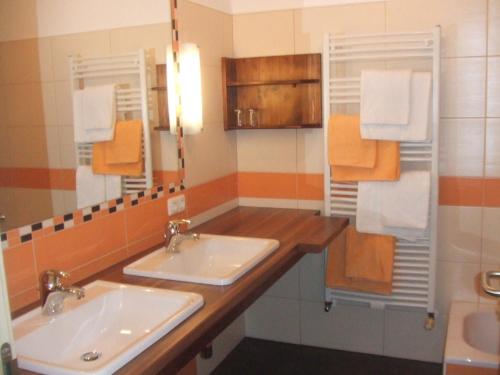 a bathroom with two sinks and a mirror at Biohof Stadler in Neustift im Mühlkreis