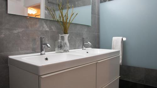 La salle de bains est pourvue d'un lavabo blanc et d'un miroir. dans l'établissement Superbe appartement au coeur du Colmar, à Colmar