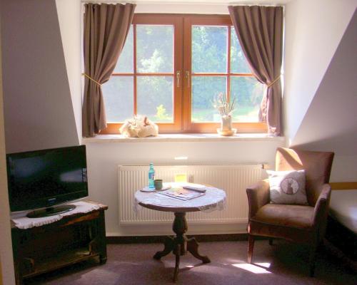 a living room with a table and a window at Elegant-Hotel "Zur Burg" in Posterstein