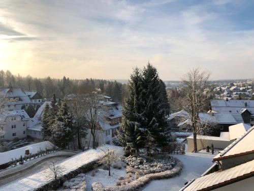 a snow covered city with houses and trees at HOME Suites Maisonette mit Sauna in Braunlage