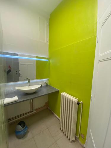 a bathroom with a sink and a green wall at Chez Benjamin - Centre d'Azay le Rideau in Azay-le-Rideau