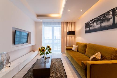 a living room with a couch and a tv at Platinum Towers E-Apartments in Warsaw