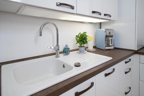 un lavandino bianco in una cucina con una pianta di APARTMENT BLANCO - Regarda Travel a Lazise