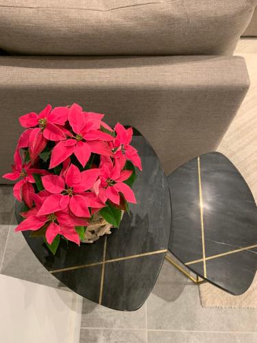 a bouquet of red flowers sitting on a table at Appartement op Italiëlei in Antwerp