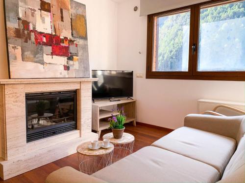 een woonkamer met een open haard en een televisie bij Apartamento moderno Perafita, con vistas en Arinsal in Mas de Ribafeta