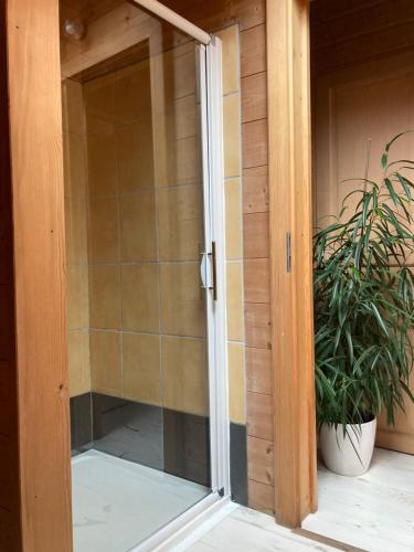 a sliding glass door of a house with a plant at Les deux loups in Samoëns