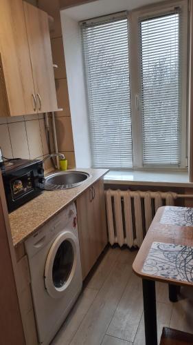 uma cozinha com uma máquina de lavar roupa e um lavatório em Квартира 1-кімнатна в центрі Миргорода. em Myrhorod