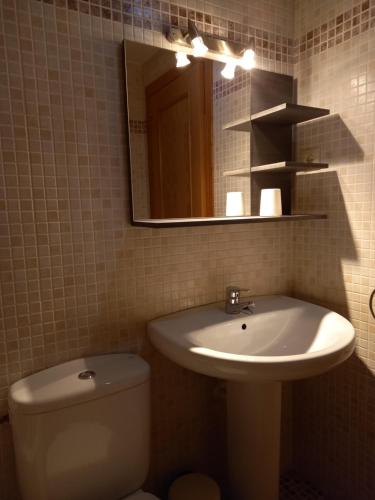 y baño con lavabo, aseo y espejo. en Apartamentos Tuara en Castejón de Sos
