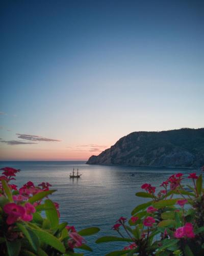 a boat in the water at sunset with flowers at Hotel Porto Roca in Monterosso al Mare