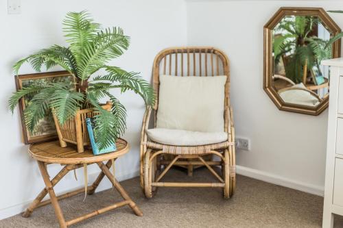 a room with two chairs and a palm plant at Fairlight - Charming coastal home on the beach in Chichester