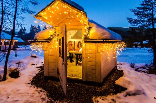 a small out house with lights in the snow at Hotel Vedmezhyi Dvir in Bukovel