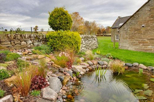a garden with a pond and a stone wall at Home Farm B&B - Sunflower Room in Forfar
