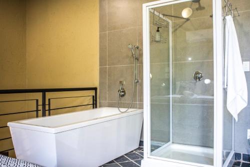 a bathroom with a shower and a toilet and a tub at Craigivar Guesthouse in Pretoria