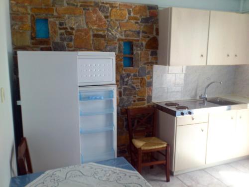 a kitchen with a white refrigerator and a sink at Foinikas Studios in Mérikhas