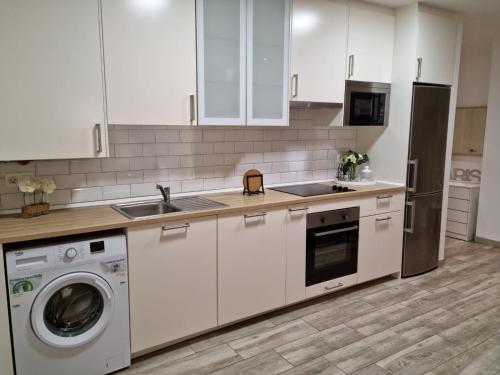uma cozinha com armários brancos, um lavatório e uma máquina de lavar louça em Apartamento La Plaza em Onís