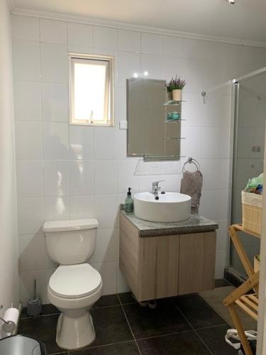 a bathroom with a toilet and a sink and a mirror at Don Felix in Coquimbo