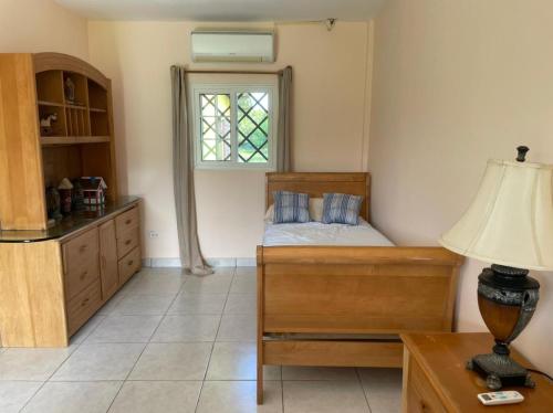 1 dormitorio con 1 cama y 1 mesa con lámpara en Finca Libelulas, en Pedasí Town